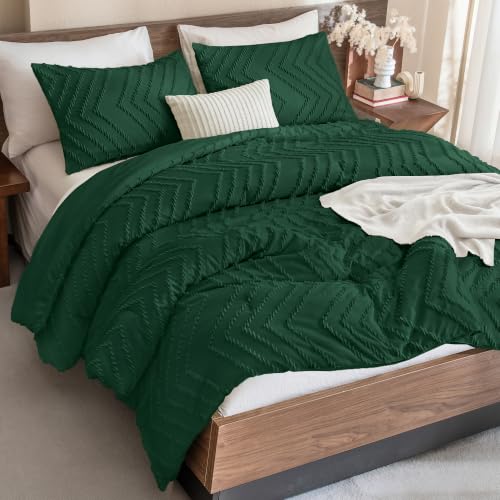 Andency Dark Emerald Green Oversized King Comforter Set 120x98 Extra Large - Oversize King Boho Warm Comforter Sets, Aesthetic Chevron Farmhouse Cute Bohemian Textured Bedding Set