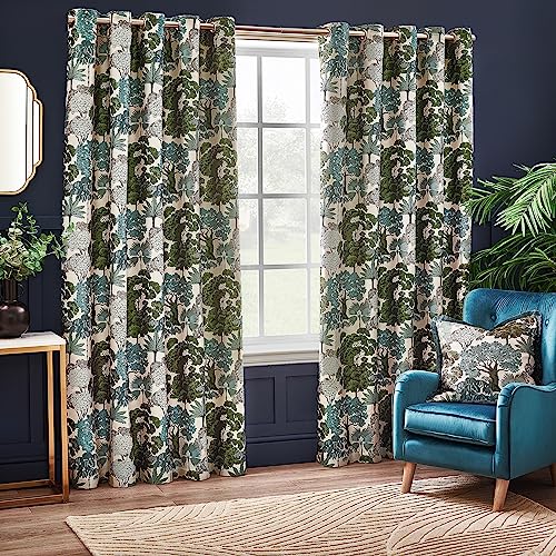 furn. Wylder Woodland Eyelet Curtain Pair – Room Darkening Lined Luxury Jacquard Nature Tree Curtains (Green – Width 117 x Drop 183cm)