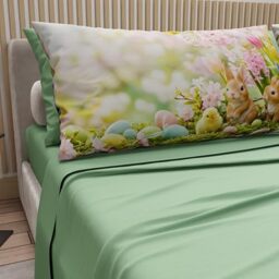 PETTI Artigiani Italiani - Easter Cotton Sheets with Pillowcases in Digital Print, Double Bed Sheet, Easter Bed Set, 10 Sage, Made in Italy