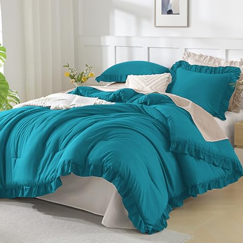 Andency Turquoise California King Comforter Set, 3 Pcs Shabby Chic Bedding - Ruffle Solid Cal King Bedding Sets, Oversized All-Season Soft Lightweight Down Alternative Bed Set for Adults