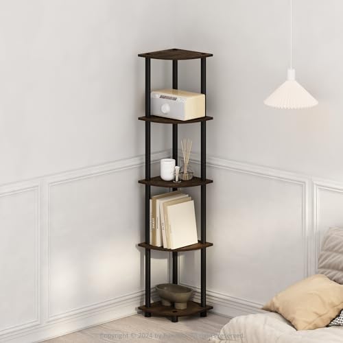 Furinno TURN-N-TUBE Corner Shelf, 5-Tier Corner Display Rack, Shelving Unit, for Organization and Storage, Living Room, Home Office, Garage, Bedroom, Amber Pine