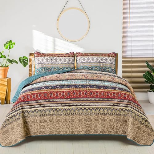"WONGS BEDDING Boho Queen Quilt Set, Green and Brown Bohemian Queen Quilt Bedding Set, Lightweight Microfiber Bed Decor Bedspread for All Season 96""x90""(3 Pieces)"