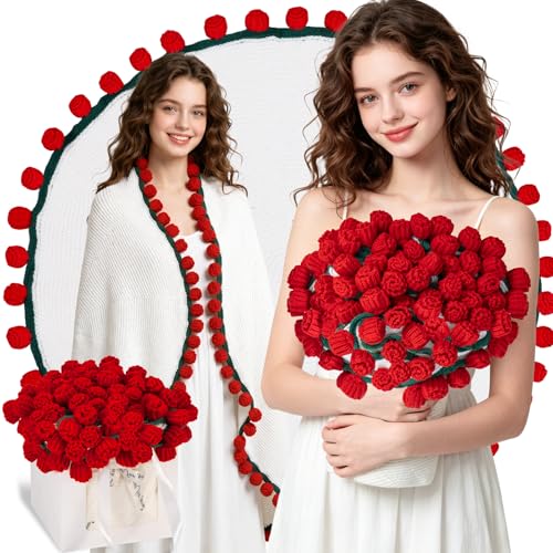 "KIVEE Rose Crochet Flowers Bouquet Blanket - Romantic Gifts for Women, Mom, Girlfriend, Wife, Valentines Mothers Day Anniversary Birthday Gifts Box, Handmade Floral Bouquet Blankets Home Decor 31"""