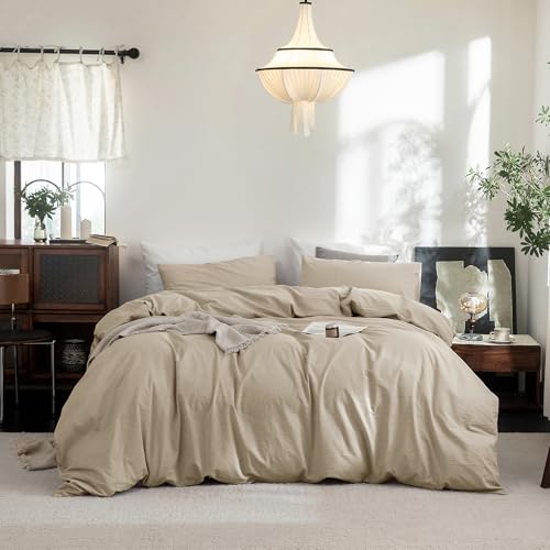 FOSSA Duvet Cover Set 100% Washed Cotton Linen Feel King - Super Soft Breathable Lightweight & All Season Bedding Set with Hidden Zipper & 8 Corner Ties (Tan)