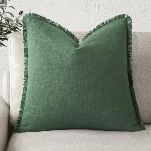 Foindtower Decorative Linen Fringe Throw Pillow Covers Cozy Boho Farmhouse Cushion Cover with Tassels Soft Accent Pillowcase for Chair Sofa Bed Living Room Home Decor, 24??24 Inch,1PC,Pine Green