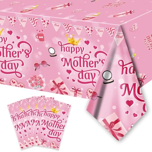 "PARSUP Mothers Day Disposable Tablecloth - 108"" ?? 54"", Happy Mothers Day Table Cloth Best Mom Ever Flower Heart Tablecover Plastic Rectangle Table Cover for Dinner Party Decor (6)"
