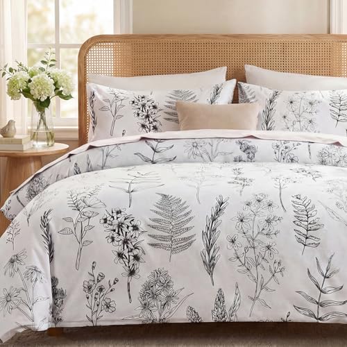 Cozeline 100% Cotton Duvet Cover Queen Size, Black and White Leaf Pattern Bedding Set with Zipper Closure, 3 Pcs Breathable and Soft Floral Duvet Cover for All Season
