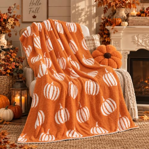Buryeah Fall Pumpkin Knit Throw Blanket, 50 x 60 Inch Autumn Halloween Reversible Knitted Soft Throw Blanket, Orange and White Thanksgiving Gift for Couch Sofa Bed