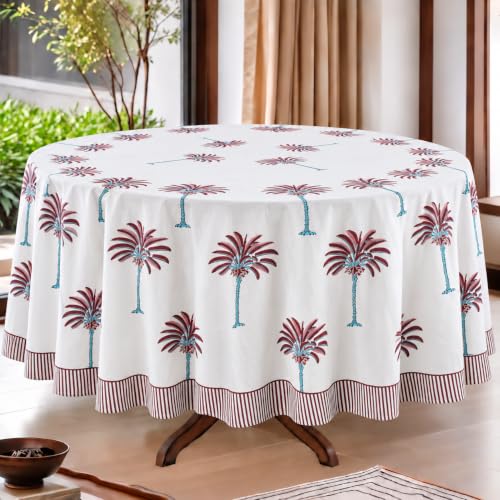 Ridhi Round Tablecloth Hand Block Print 100% Cotton Reusable Red Palm 60 Inch Table Cover Decorative Everyday Use for Dining, Home, Party, Wedding, Farmhouse, Party Gift for Spring, Mother's Day