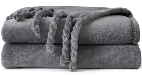 Good Nite Throw Blanket Fluffy Fleece Blanket Sofa for Bed Flannel Blankets with Fringes (130 x 150 cm, Grey)
