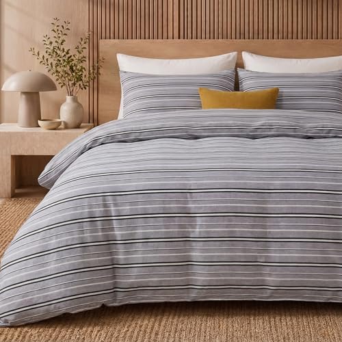 Herside 100% Cotton Double Gauze Striped Duvet Cover Set Queen Size,Cool Gray Fine Stripe Soft Breathable Cotton Bedding Set Modern Simple 3 Piece Quilt Duvet Set for All Seasons