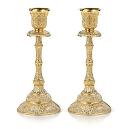 OwnMy Set of 2 Taper Candle Holders Vintage Metal Pillar Candlestick Holders 7.4”, Elegant Brass Candle Stick Holders Decor Candelabra Set for Dining Table Centerpieces Wedding Home Decoration, Gold