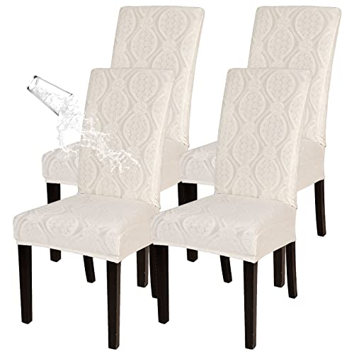 SearchI Waterproof Dining Room Chair Covers 4 Pack, Stretch Parsons Chair Slipcovers Removable Washable Kitchen Chair Protector Cover for Dining Room, Hotel, Banquet (Beige Flower Pattern, 4PCS)