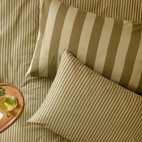 furn. The Ultimate Stripe Pillowcase Pair – Reversible Bold Narrow Striped Polycotton Pillow Covers (Green Tea – 75x50cm)