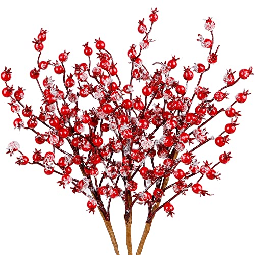 winemana 3 Pack 17 in Large Red Berry Picks, Artificial Christmas Berries Stems with Ice Snow Long Pomegranate Berry for Crafts Garland Home Party Christmas Decoration