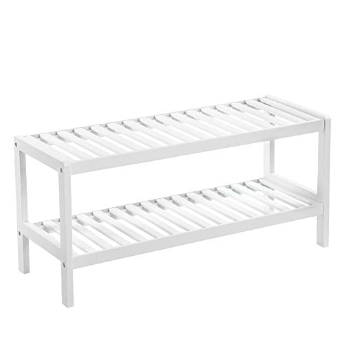 SONGMICS 2 Tier Bamboo Shoe Rack, Shoe Bench, Entryway, Living Room, Bathroom, 70 x 26 x 33 cm, White LBS02WT