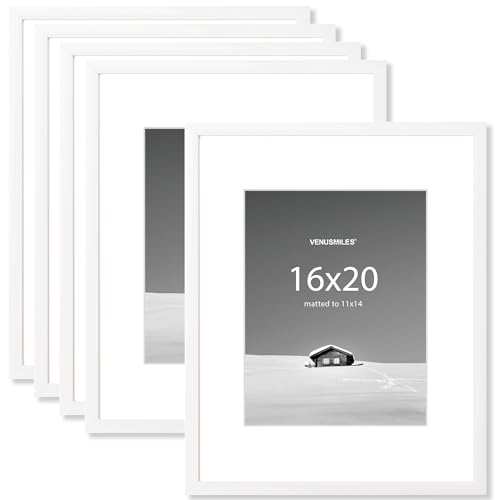 Venusmiles 16x20 inch Picture Frame, 16x20 Photo Frames with 11x14 Removable Mat - High Definition Plexiglass - Vertical and Horizontal Display - Wall Hanging Frame - White, 5 Pack