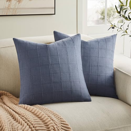 ZeeMart Linen Checked Throw Pillow Covers Set of 2, 22x22 Inch Blue/Cream, Farmhouse Decorative Single Sided Grid Embroidered Couch Pillow Cases Dusty Blue Cotton Linen Cushion Covers