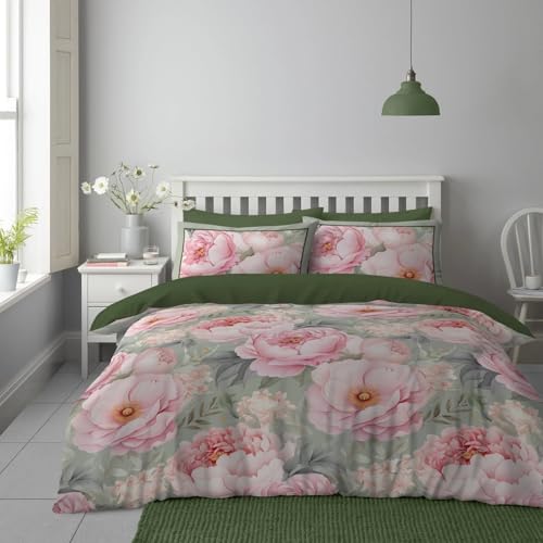 GC GAVENO CAVAILIA Floral Green Duvet Cover Double - 3 Piece Botanical Microfiber Bedding Duvet Cover Sets With Pillow Cases - Soft Washable & Reversible Plain Quilt Cover Set - (200x200 Cm)