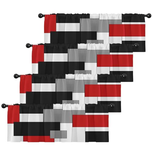 Emvency 4 Pack Valances Window Treatments, Red and Black Geometry Abstract Modern Art Blackout White Adjustable Valances for Living Room Bathroom Kitchen Over Sink, 18x52 Inch Rod Pocket Valances
