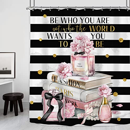 Riyidecor Fashion Pink Shower Curtain 72Wx84H Inch Extra Long Black White Stripe Modern Women Magazine Book Perfume Flower Girl Positive Quotes Bathroom Decor Fabric Polyester Waterproof 12 Pack Hooks