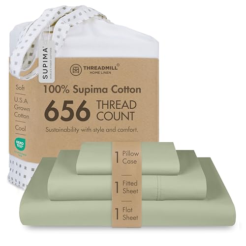 "Threadmill 656TC Supima Cotton Twin XL Sheet Set, Sateen, Solid, Sage Green - 100% Supima Cotton, Sateen Weave, 3-Piece Set, 15"" Deep Pocket, All-Around Elastic, Cooling, Breathable, OEKO-TEX Certified"