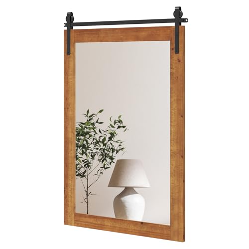 CASART Decorative Wall Mirror, Rustic Farmhouse Wall Mounted Hanging Mirror, Explosion-proof Barn Door Style Rectangle Vanity Mirror for Living Room Bedroom Bathroom Dressing Room (Tan, 91 x 61cm)