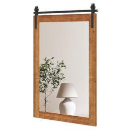 CASART Decorative Wall Mirror, Rustic Farmhouse Wall Mounted Hanging Mirror, Explosion-proof Barn Door Style Rectangle Vanity Mirror for Living Room Bedroom Bathroom Dressing Room (Tan, 91 x 61cm)