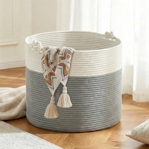 COSYLAND Large Storage Basket for Living Room, Braided Cotton Rope Laundry Basket, Wool Basket/Toy Basket, Blanket Basket, 56 x 36 cm, White Grey