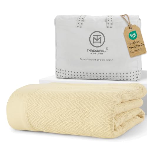 Threadmill 100% Pure Cotton, King Size Vanilla Cream Blanket - Herringbone Pattern, Soft & Cozy Premium Fall Throw Blanket for All Seasons, 350GSM & 106x92 with Free Tote Bag