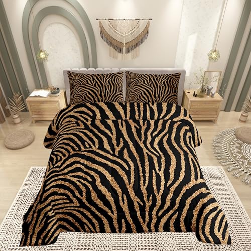 Castle Fairy Wild Animal Skin 3 Pcs King Size Comforter Set,Zebra Stripe Brown Black Down Alternative Adults Bedroom Decor,Zebra Print Ultra Soft Microfiber Inner Fill 3 Pcs Bedding
