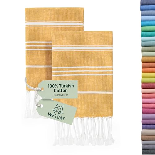"WETCAT Turkish Hand Towels with Hanging Loop, Set of 2 (20"" x 30"") 100% Turkish Cotton, Pre-Washed, Quick Drying, for Kitchen or Bathroom - Honey Gold"