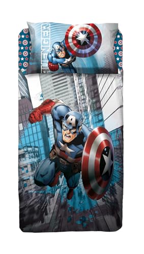 Captain America Single Bed Sheet, Single Bed Set, Top Sheet, Fitted Sheet, Pillowcase, Light Blue, Marvel, 100% Cotton, Official Product