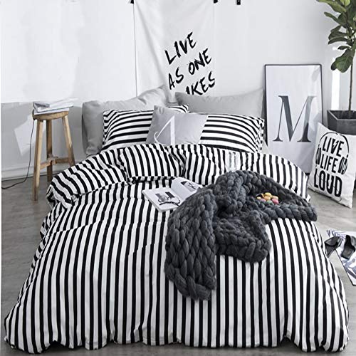 CLOTHKNOW Striped King Size Comforter Set 3Pcs Black White Bedding Sets Soft Farmhouse Ticking Comforter with 2 x Pillow Cases