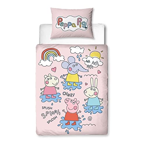 Character World Peppa Pig Official Toddler Cot Bed Duvet Cover Set - Playful Design Reversible 2 Sided Junior Bedding Including Matching Pillow Case - Polycotton