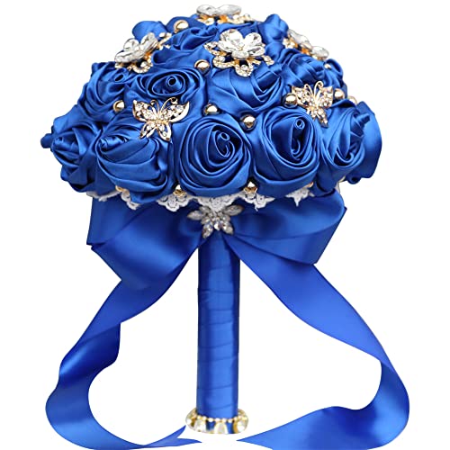 "Sharebeauty 7.1"" Handmade Satin Rose Bridal Bouquet Toss Round Wedding Bouquet Throw Toss Artificial Flower Bunch Royal Blue"