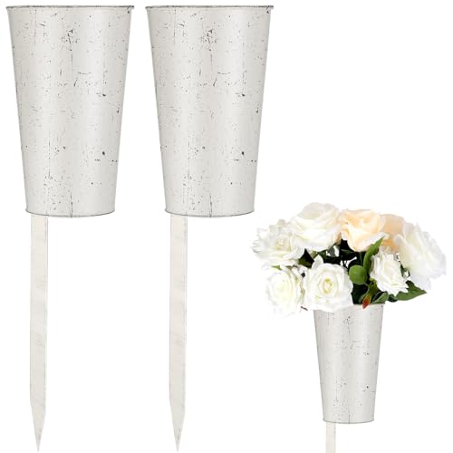 Uiifan 2 Pcs Metal Cemetery Vases for Grave Memorial for Cemetery with Stake Graveside Flower Holder Outdoor Lawn Yard Funeral Decorations
