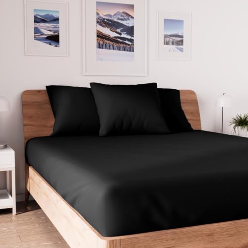 Soleil d'ocre, Jersey Fitted Sheet, Cotton, Black, 90x190 cm