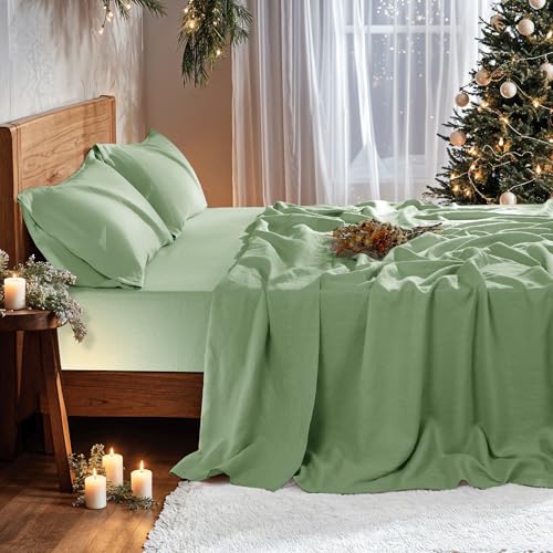 "REDASW 100% Pure Linen Sheet California King Sheet Set 4 pcs with Deep Pocket Fit Up to 16"" Mattress Breathable Bed Set Soft Bedding Comfortable All Season (Green, California King)"