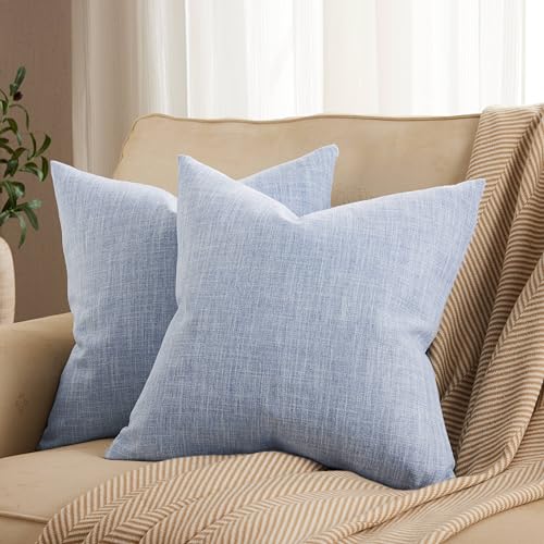 ZeeMart Rustic Linen Throw Pillow Covers Set of 2, Blue 16x16in - Textured Pillow Case, Rustic Cotton Linen Fabric, Modern Farmhouse Cushion Covers for Sofa Bed Living Room Home Decor