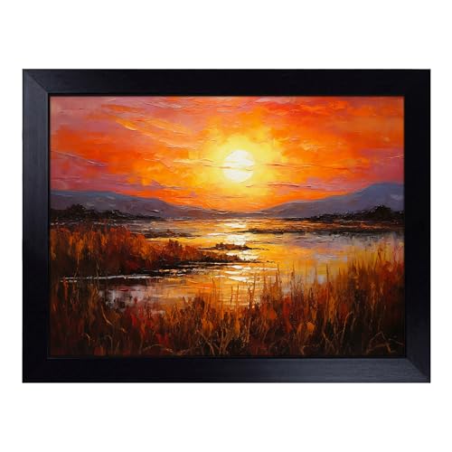 Lap Tray with Bean Bag Cushion, Sunset Palette Knife - Handmade in the UK, Raised Wooden Edge, Padded Cushion, Heat-Resistant Wipe-Clean Surface, for Meals, Laptops and Crafts