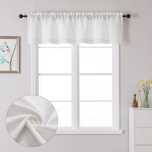 Lecloud Bessie Valance for Windows 14 Inch Length 2 Pcs, Light Filtering Faux Linen Cafe Kitchen Window Curtains with Rod Pocket, Curtains for Bedroom Bathroom, Each 30 W x 14 L, Natural