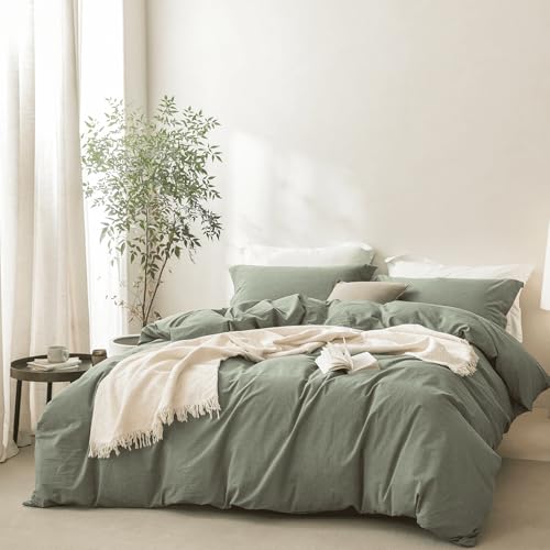 BDEAR Linen Feel Heathered Green Duvet Cover California King Size 104'' W x 98'' L, 100% Washed Cotton Duver Cover with Zipper Closure Plus 2 Pillowcases, Oeko TEX Standard Certificated