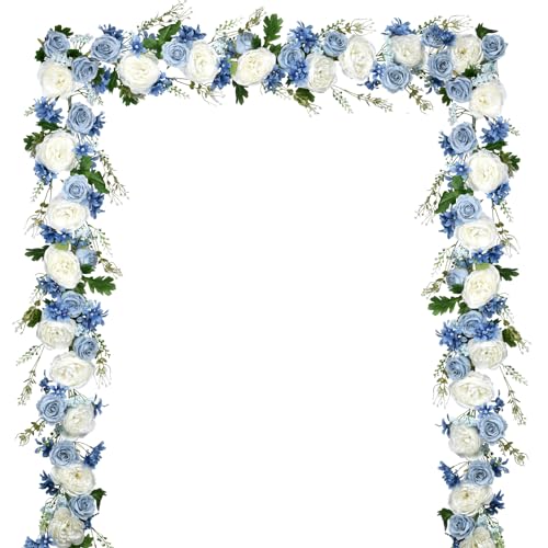 Lvydec 2 Pack Artificial Peony Flower Garland - 6ft Silk Peony Red Flower Garland Arch Flower Vine for Wedding Party Table Decoration(Blue and White), PG-01