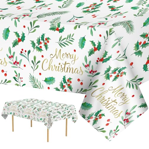 3 Pcs Merry Christmas Tablecloth Disposable - Rectangle Plastic Christmas Table Cloths, Holly Leaves Red Berries Table Cover for Winter Xmas Party Tables Decorations Supplies Favors, 54 x 108 Inch