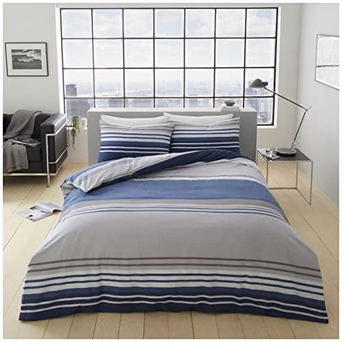 GC GAVENO CAVAILIA Polycotton Duvet Cover, Stripe Bedding Sets King Size, Easy Care Reversible Quilt Bed Covers, Blue
