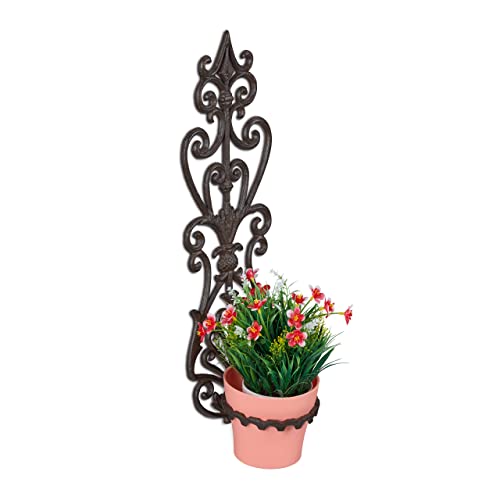 Relaxdays Flower Holder, Plant Pot Wall Vase, Ring ?? 14.5 cm, Cast Iron, HxWxD: 54 x 17 x 18 cm, Antique Design, Brown