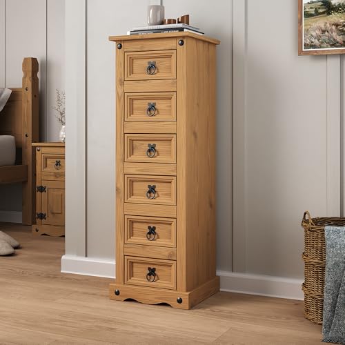 Mews Corona 6 Drawer Narrow Chest Bedside Table Cabinet Solid Pine Wood Tall Slim Storage Lamp Unit for Bedroom Hallway Living Room Mexican Style Furniture