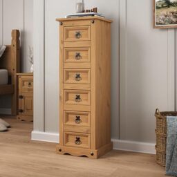 Mews Corona 6 Drawer Narrow Chest Bedside Table Cabinet Solid Pine Wood Tall Slim Storage Lamp Unit for Bedroom Hallway Living Room Mexican Style Furniture