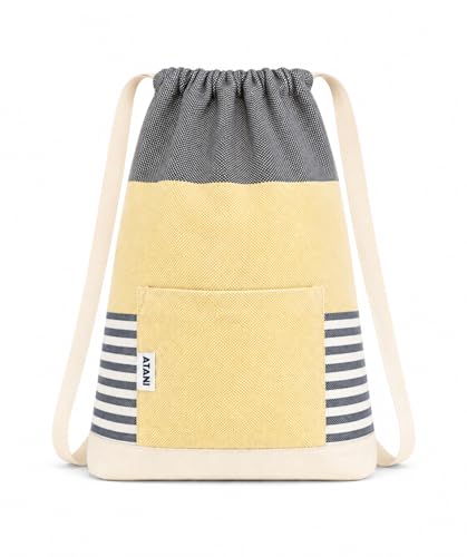 ATANI Turkish Beach Towel (71x39 Inches), Converts to a Bag, Oversized 100% Cotton Bath Towels Lightweight Quick-Dry Beach Blanket for Travel, Picnic, Camping, Yoga and Pool (Black x Yellow)